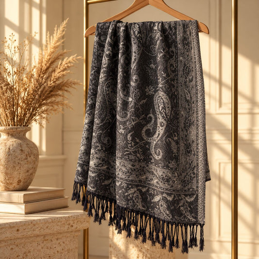 FLR-5032 Siyah Paisley Desenli Çift Taraflı Paşmina Şal | Eos Kolektif