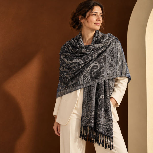 FLR-5032 Siyah Paisley Desenli Çift Taraflı Paşmina Şal | Eos Kolektif