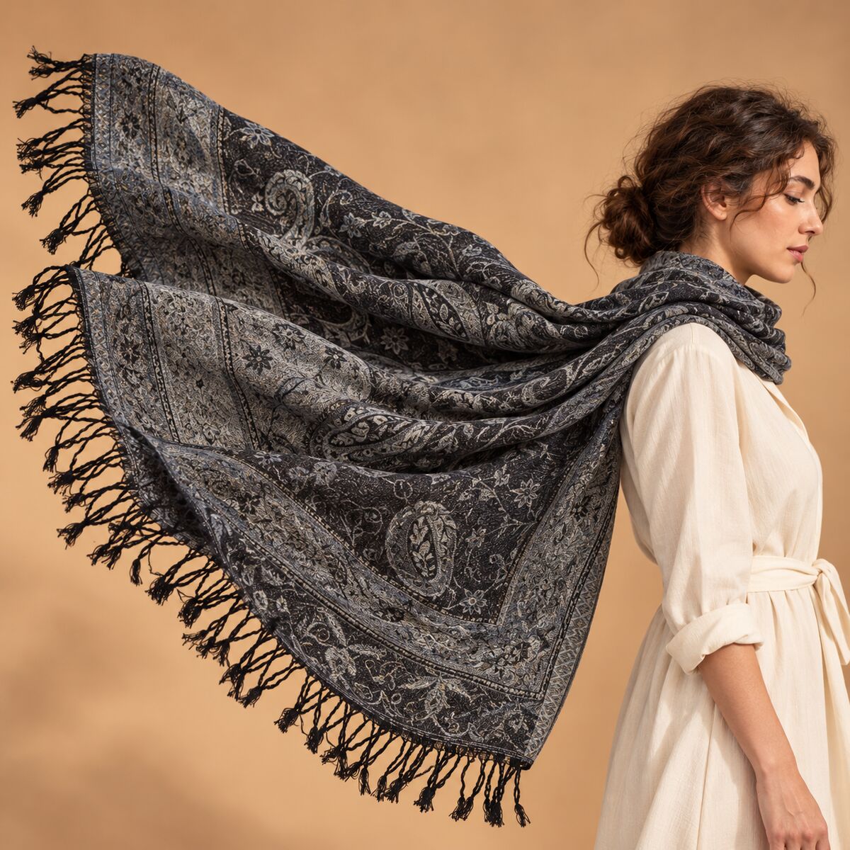 FLR-5032 Siyah Paisley Desenli Çift Taraflı Paşmina Şal | Eos Kolektif