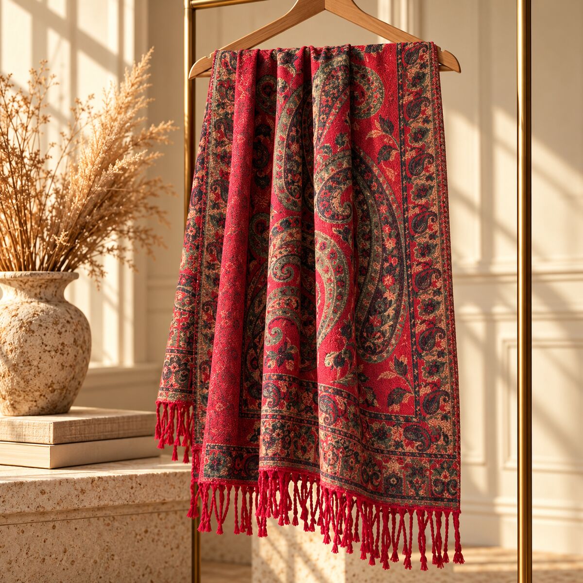 FLR-5027 Kırmızı Paisley Desenli Çift Taraflı Kaşmir Şal | Eos Kolektif