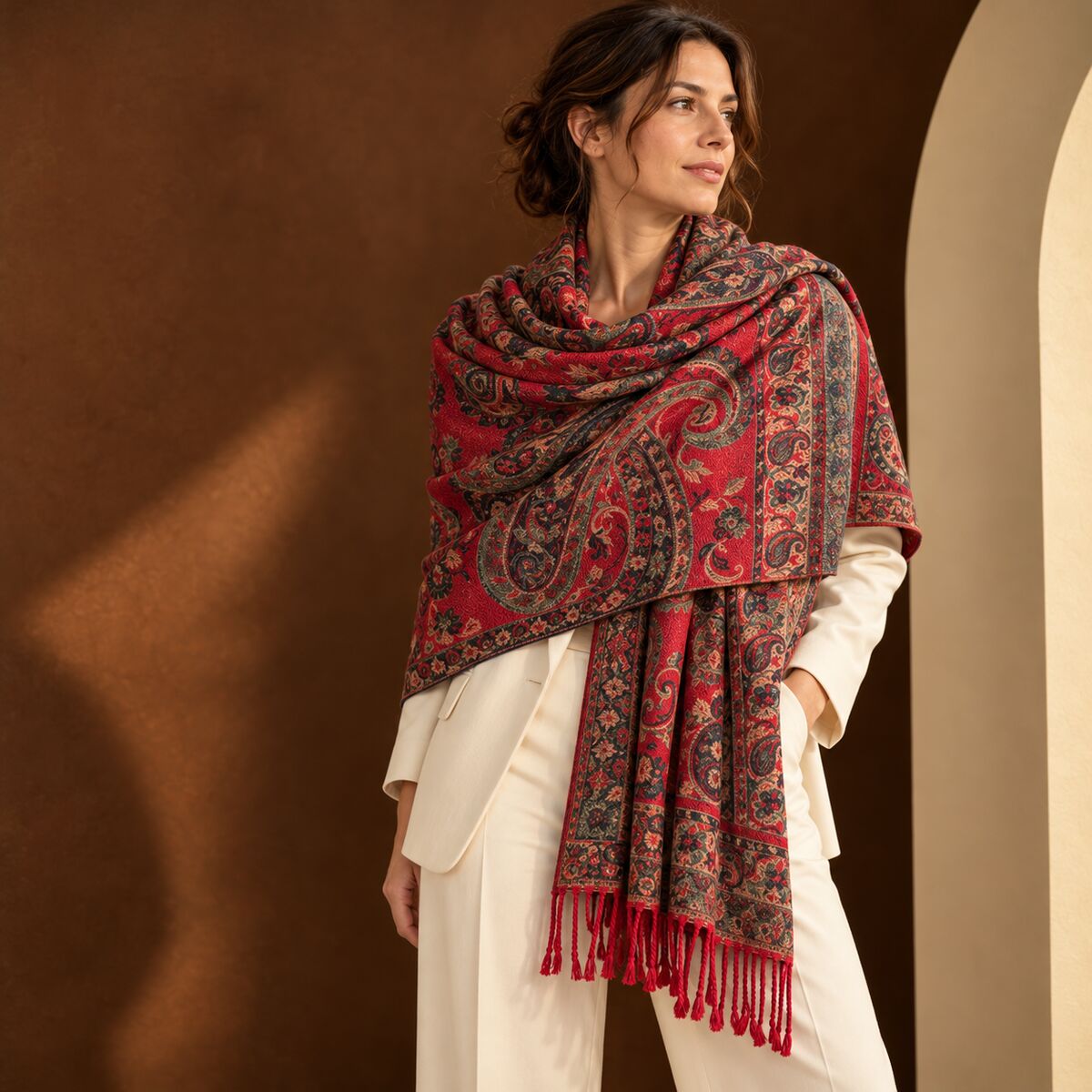 FLR-5027 Kırmızı Paisley Desenli Çift Taraflı Kaşmir Şal | Eos Kolektif