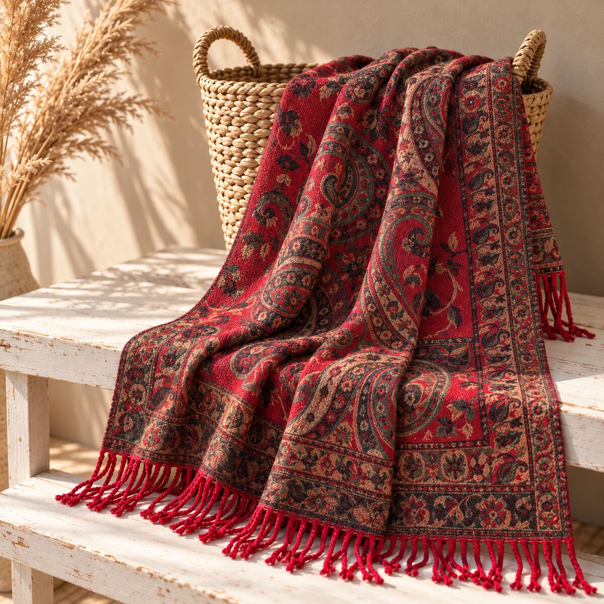 FLR-5027 Kırmızı Paisley Desenli Çift Taraflı Kaşmir Şal | Eos Kolektif