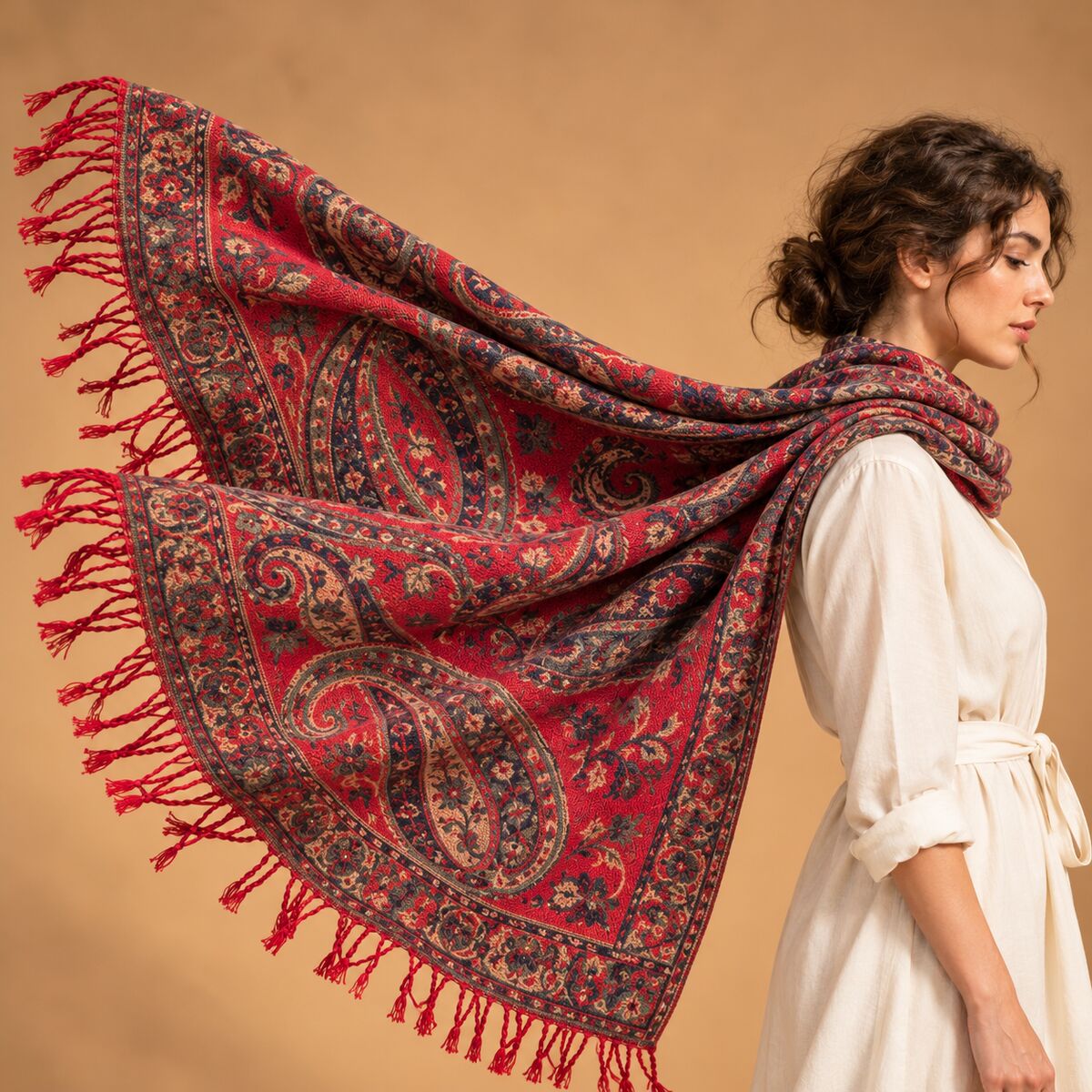 FLR-5027 Kırmızı Paisley Desenli Çift Taraflı Kaşmir Şal | Eos Kolektif