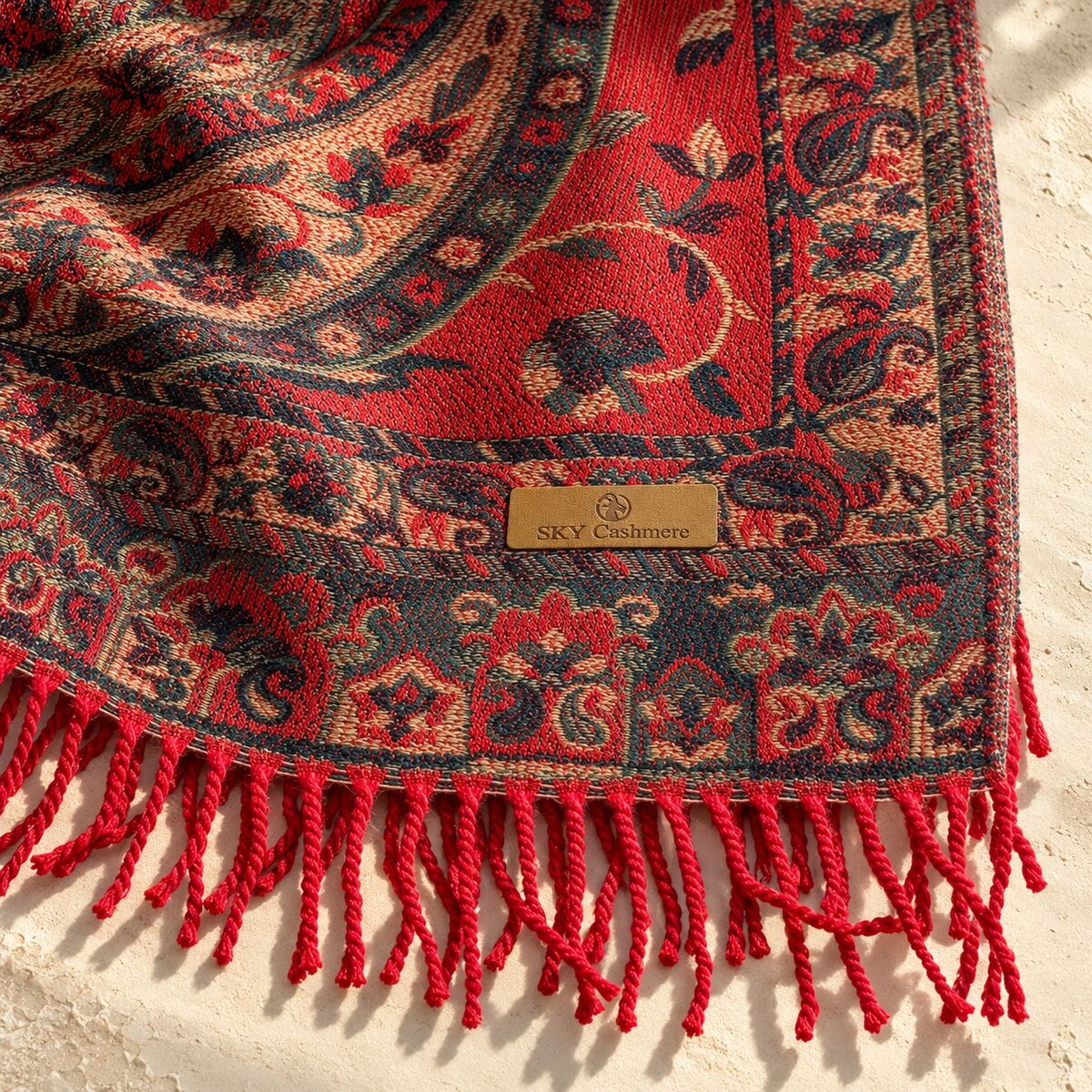 FLR-5027 Kırmızı Paisley Desenli Çift Taraflı Kaşmir Şal | Eos Kolektif