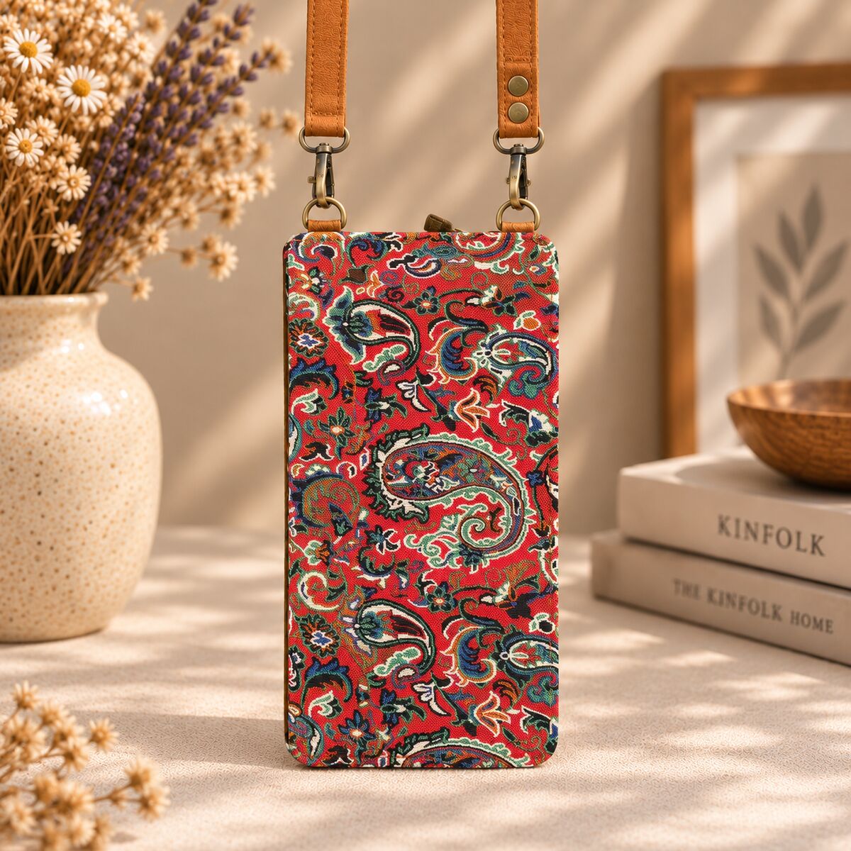 CNT-6050 Taba Kırmızı Paisley Desenli Goblen Cüzdan Telefon Çantası | Eos Kolektif