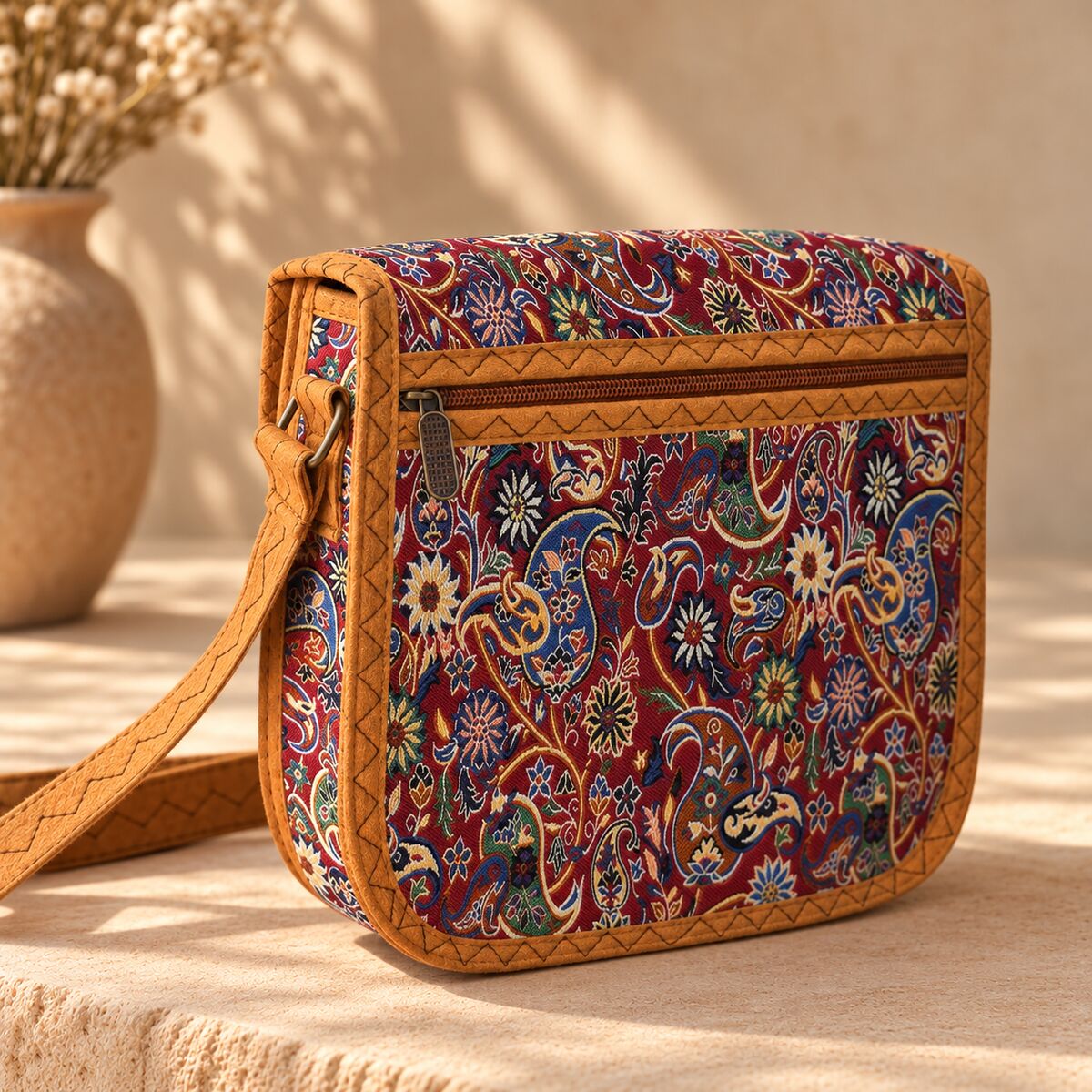CNT-6035 Taba Kırmızı Paisley Desenli Goblen Orta Boy Postacı Çanta | Eos Kolektif
