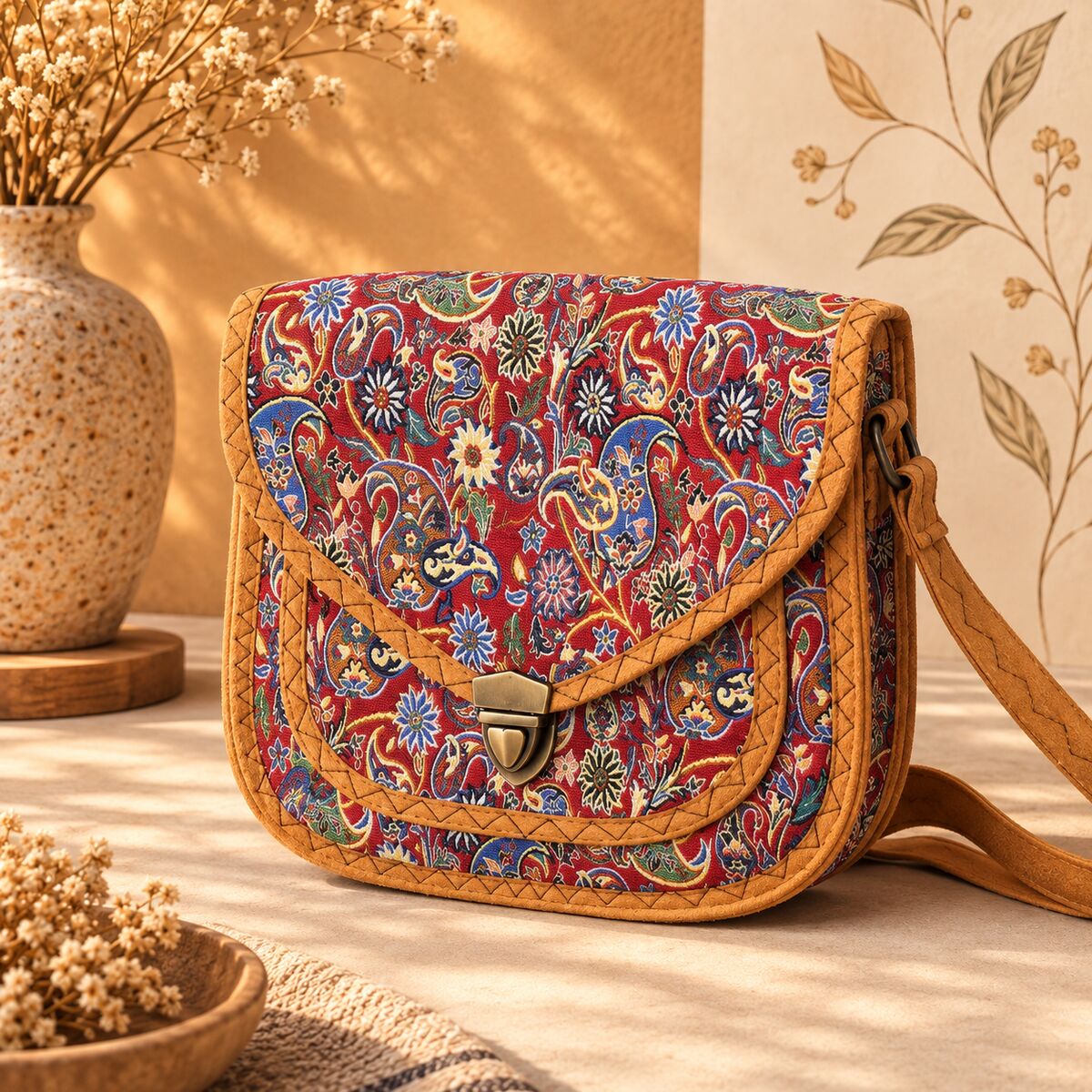 CNT-6035 Taba Kırmızı Paisley Desenli Goblen Orta Boy Postacı Çanta | Eos Kolektif