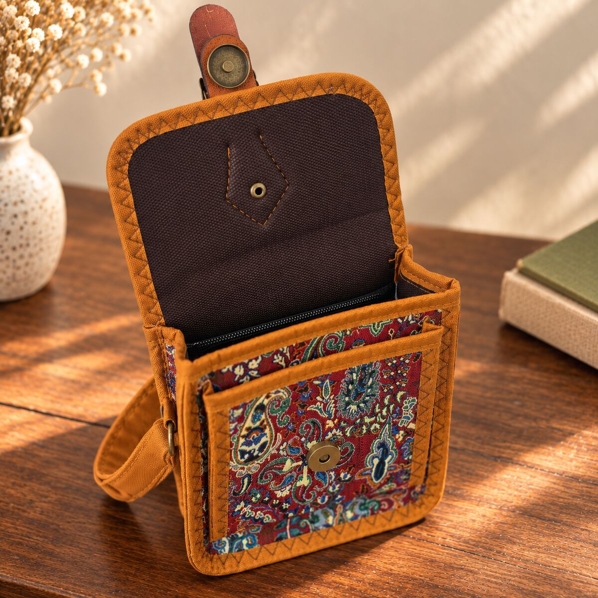 CNT-6044 Taba Kırmızı Paisley Desenli Goblen Kemer Detaylı Mini Çapraz Çanta | Eos Kolektif