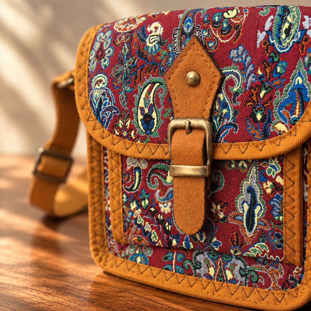 CNT-6044 Taba Kırmızı Paisley Desenli Goblen Kemer Detaylı Mini Çapraz Çanta | Eos Kolektif