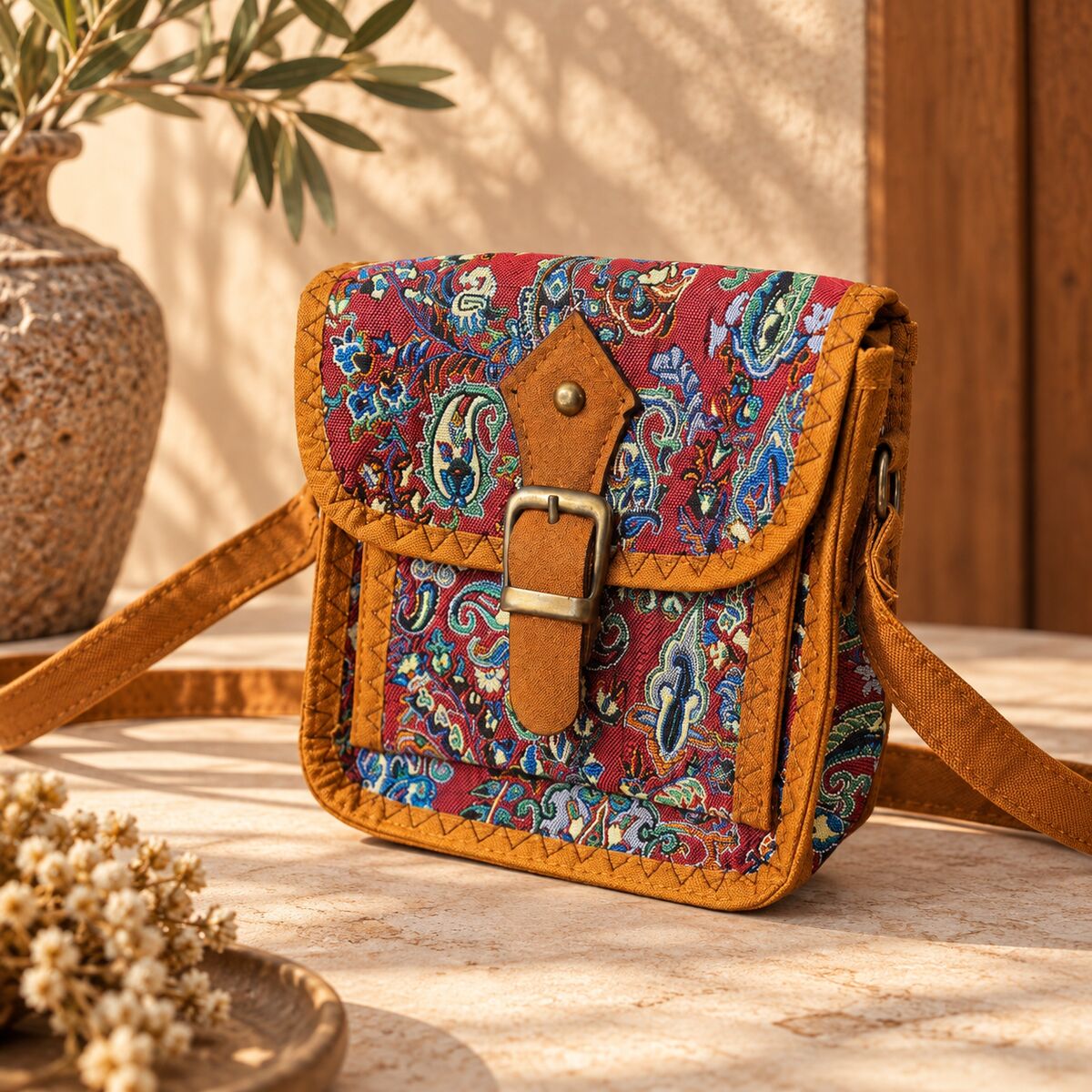 CNT-6044 Taba Kırmızı Paisley Desenli Goblen Kemer Detaylı Mini Çapraz Çanta | Eos Kolektif
