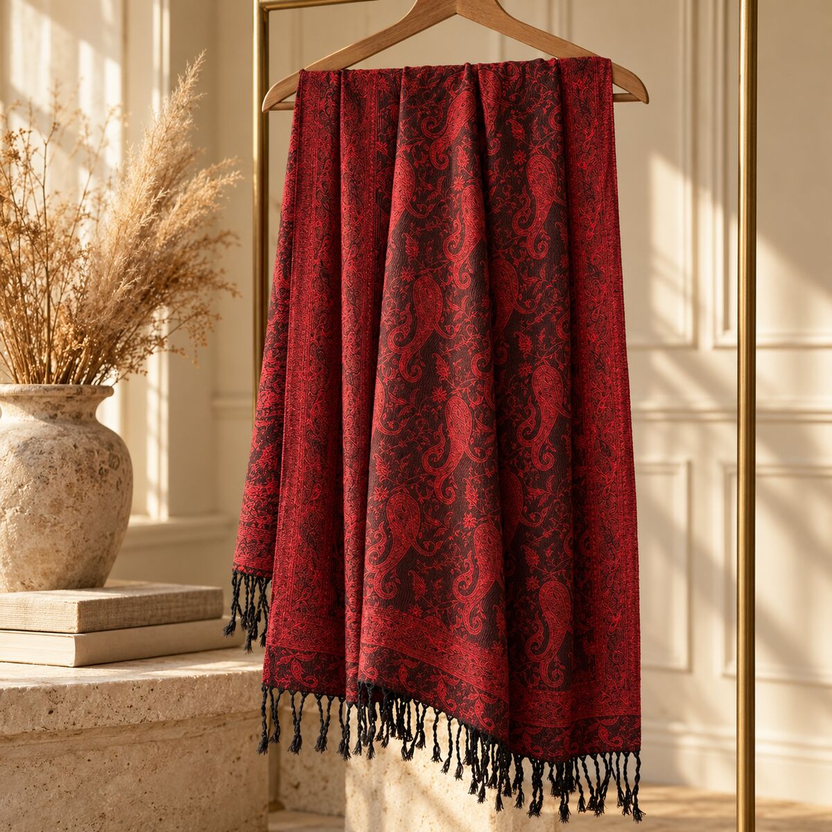 FLR-5029 Kırmızı Siyah Paisley Desenli Çift Taraflı Paşmina Şal | Eos Kolektif