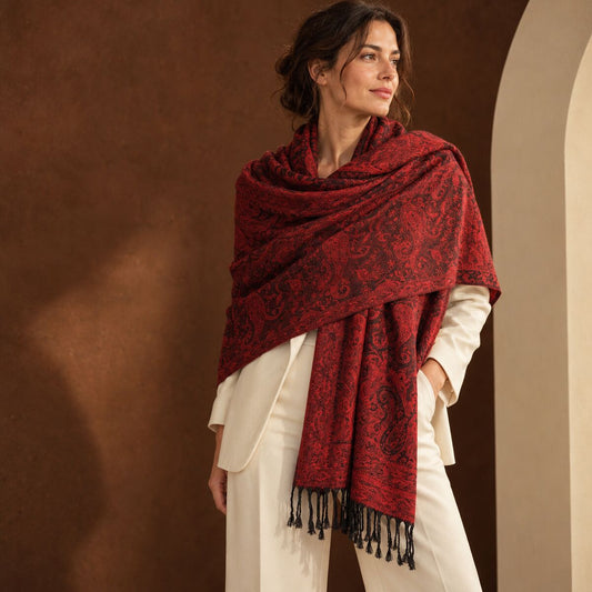 FLR-5029 Kırmızı Siyah Paisley Desenli Çift Taraflı Paşmina Şal | Eos Kolektif
