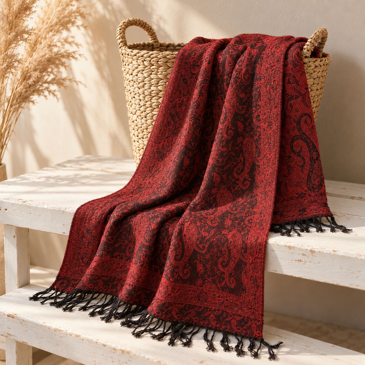 FLR-5029 Kırmızı Siyah Paisley Desenli Çift Taraflı Paşmina Şal | Eos Kolektif