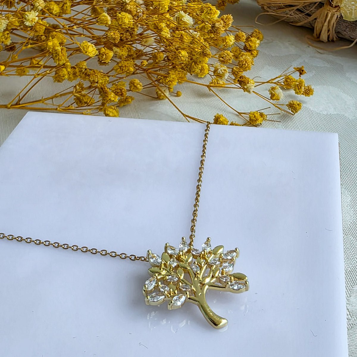 KLY-1026 Gold Hayat Ağacı Zirkon Taşlı Çelik Kolye - EOS Kolektif