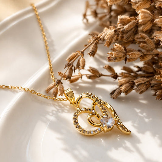 KLY-1031 Gold Zirkon Taşlı İçiçe Kalp Çelik Kolye | Eos Kolektif - EOS Kolektif