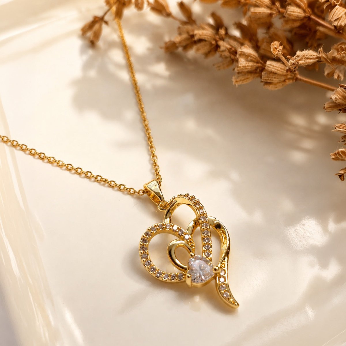 KLY-1031 Gold Zirkon Taşlı İçiçe Kalp Çelik Kolye | Eos Kolektif - EOS Kolektif