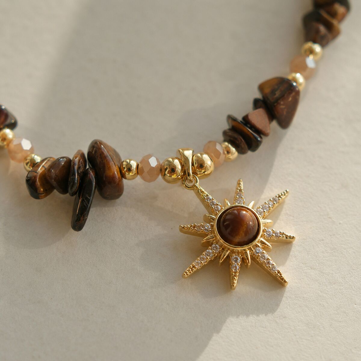 KLY-1066 Kaplan Gözü Doğal Taş Zirkon Taşlı Kutup Yıldızı Kolye | Eos Kolektif - EOS Kolektif