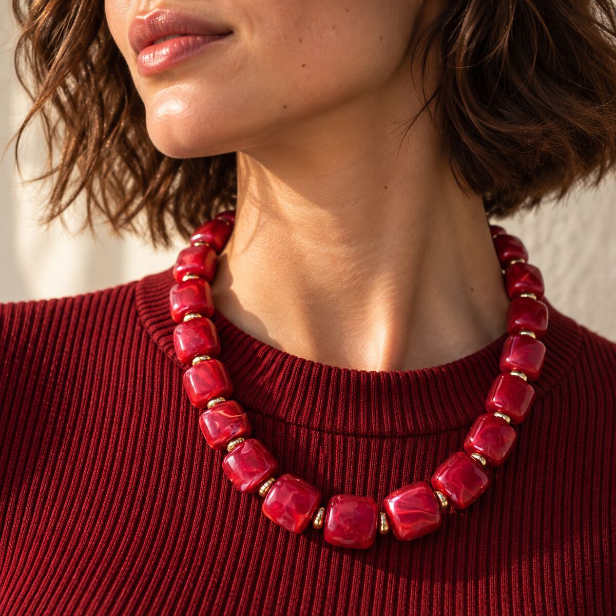 KLY-1076 Bordo Mermer Desenli İri Kare Boncuklu Chunky Kolye | Eos Kolektif - EOS Kolektif