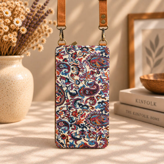 CNT-6049 Taba Krem Lacivert Paisley Desenli Goblen Cüzdan Telefon Çantası | Eos Kolektif