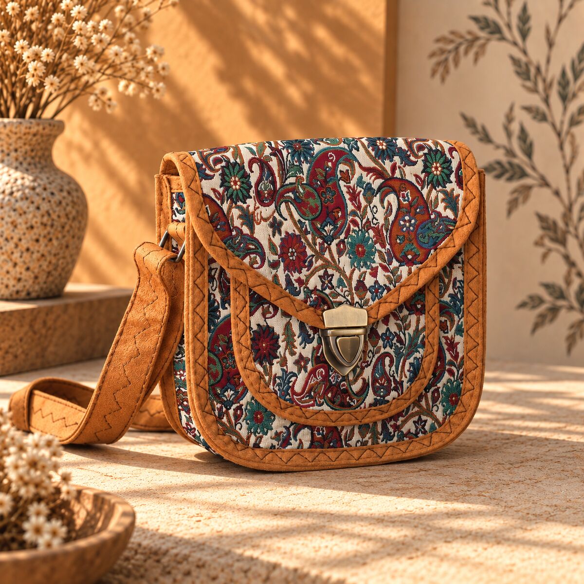 CNT-6039 Taba Krem Paisley Desenli Goblen Küçük Boy Postacı Çanta | Eos Kolektif