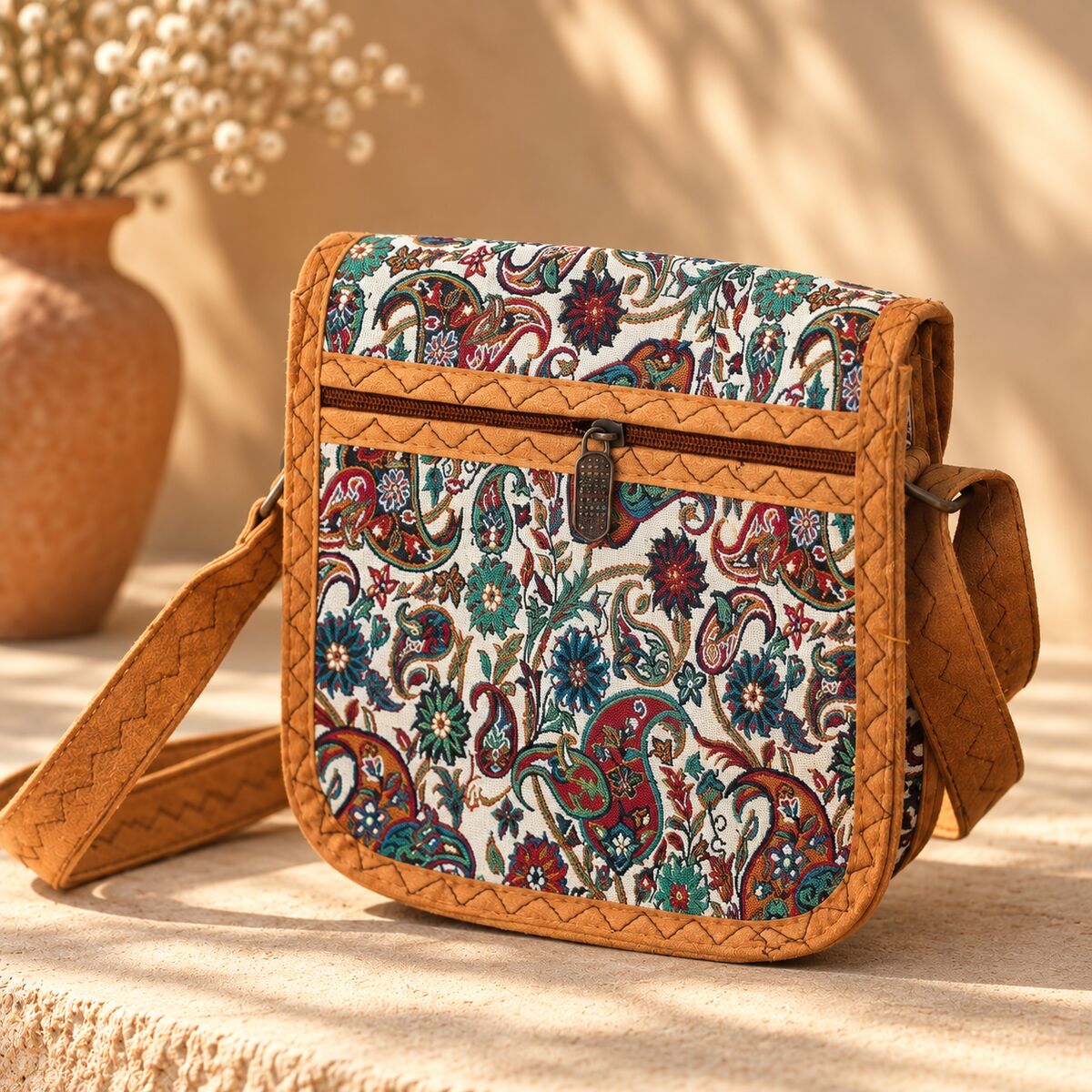 CNT-6039 Taba Krem Paisley Desenli Goblen Küçük Boy Postacı Çanta | Eos Kolektif