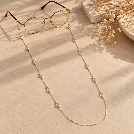 GZL-19003 Şeffaf Kristal Taşlı Gold Gözlük Zinciri | Eos Kolektif