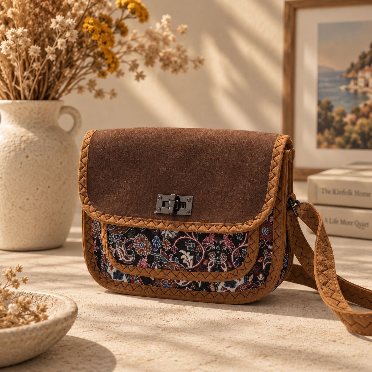 CNT-6027 Kahverengi Siyah Paisley Desenli Goblen Omuz Çantası | Eos Kolektif