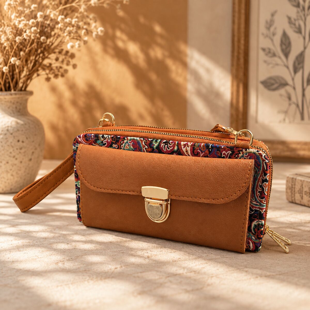 CNT-6029 Taba Siyah Paisley Desenli Goblen Çapraz Cüzdan Çanta | Eos Kolektif