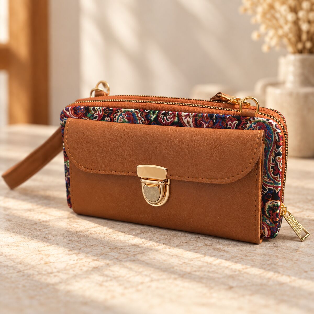 CNT-6029 Taba Siyah Paisley Desenli Goblen Çapraz Cüzdan Çanta | Eos Kolektif