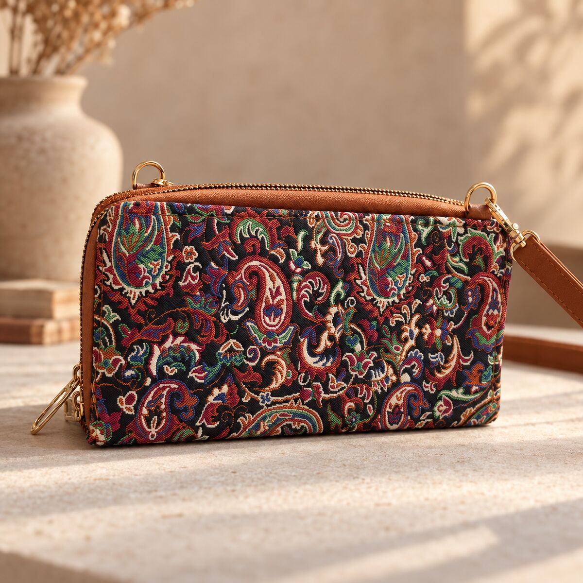 CNT-6029 Taba Siyah Paisley Desenli Goblen Çapraz Cüzdan Çanta | Eos Kolektif