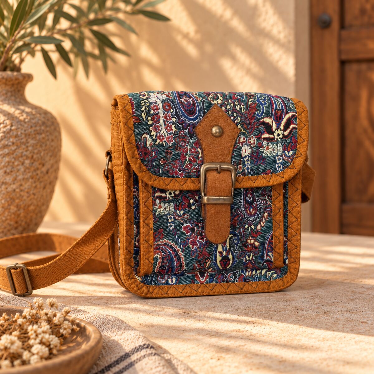 CNT-6041 Taba Petrol Paisley Desenli Goblen Kemer Detaylı Mini Çapraz Çanta | Eos Kolektif