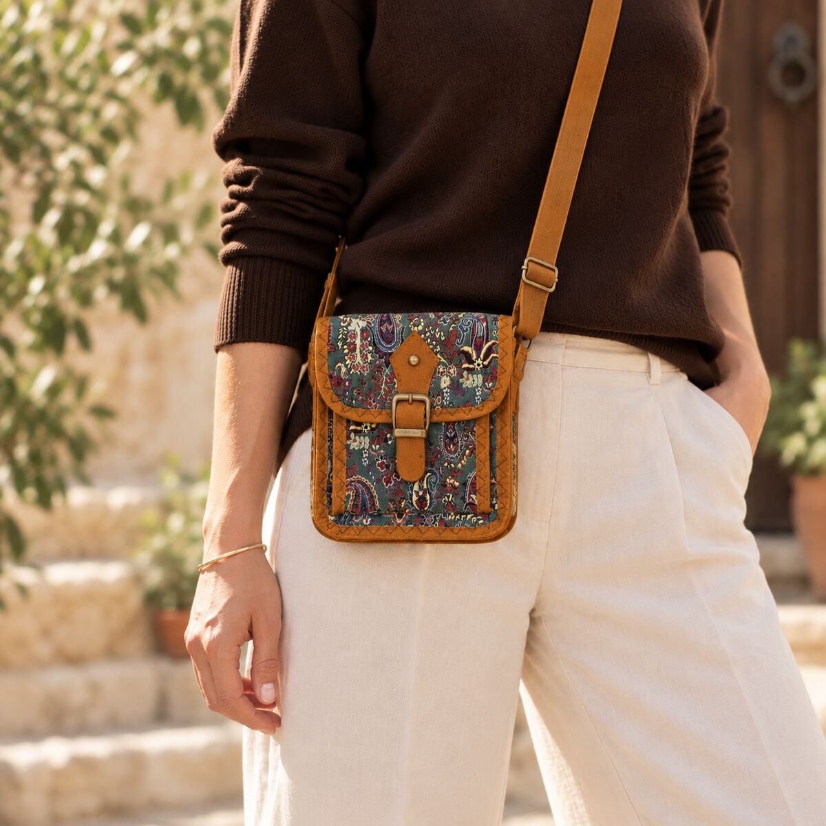 CNT-6041 Taba Petrol Paisley Desenli Goblen Kemer Detaylı Mini Çapraz Çanta | Eos Kolektif