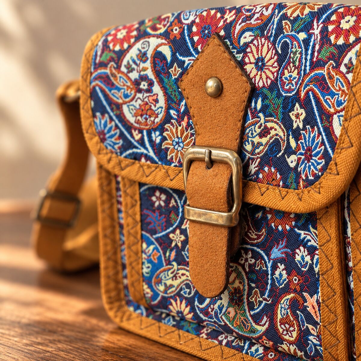 CNT-6045 Taba Lacivert Paisley Desenli Goblen Kemer Detaylı Mini Çapraz Çanta | Eos Kolektif