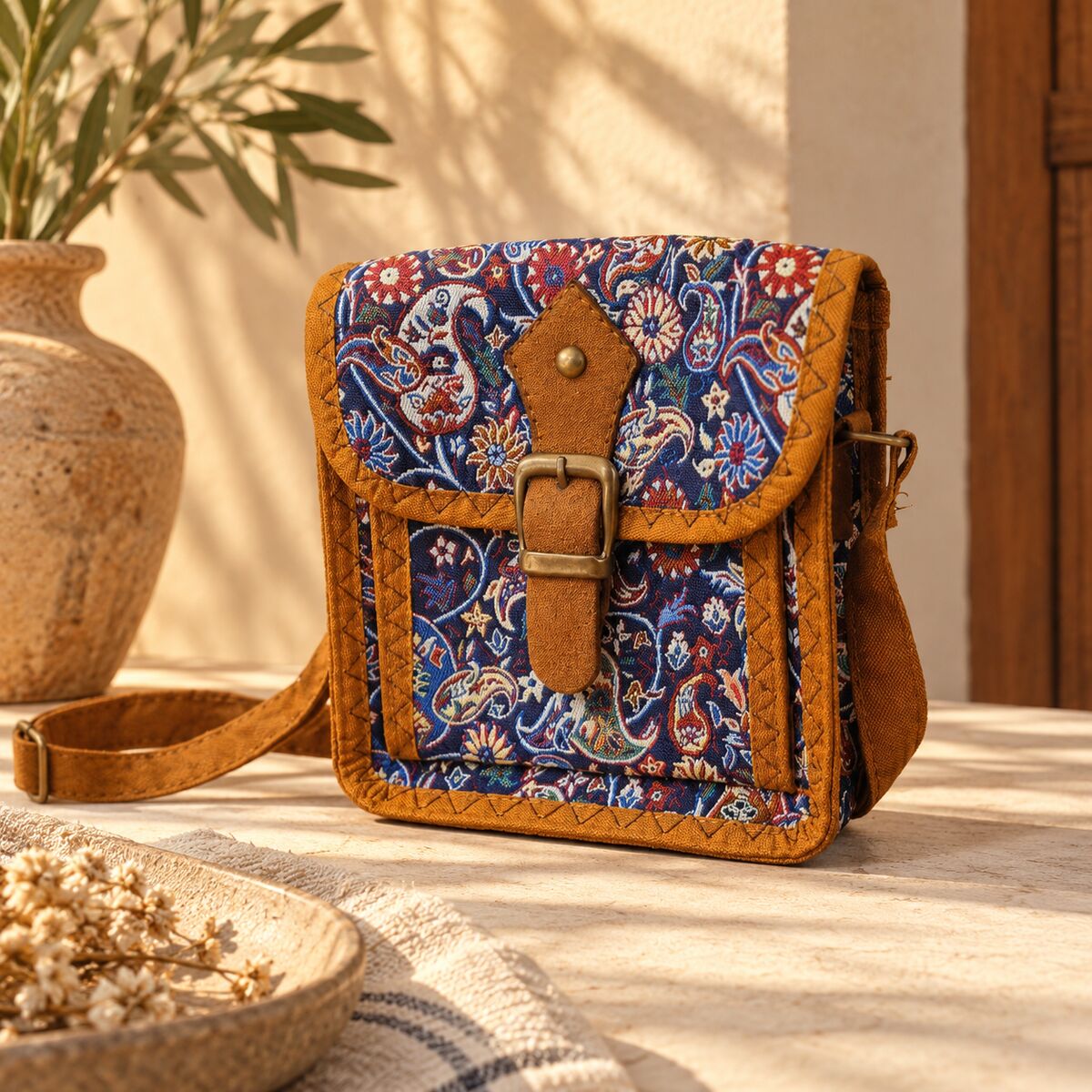 CNT-6045 Taba Lacivert Paisley Desenli Goblen Kemer Detaylı Mini Çapraz Çanta | Eos Kolektif