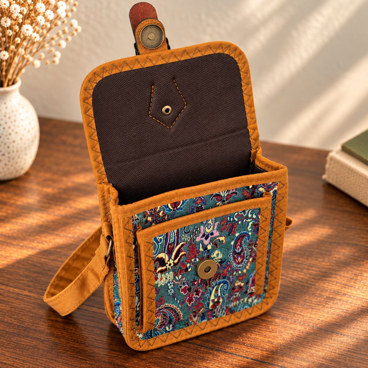CNT-6041 Taba Petrol Paisley Desenli Goblen Kemer Detaylı Mini Çapraz Çanta | Eos Kolektif