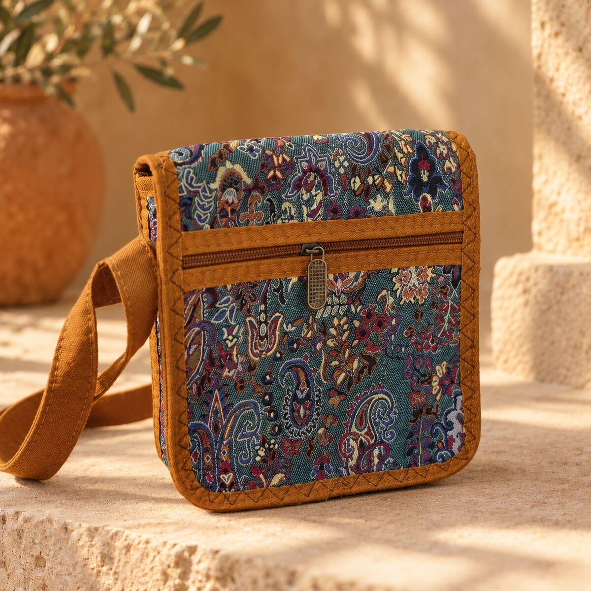 CNT-6041 Taba Petrol Paisley Desenli Goblen Kemer Detaylı Mini Çapraz Çanta | Eos Kolektif
