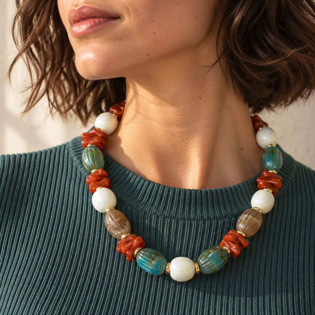 KLY-1078 Turkuaz, Kiremit ve Krem İri Boncuklu Chunky Kolye | Eos Kolektif