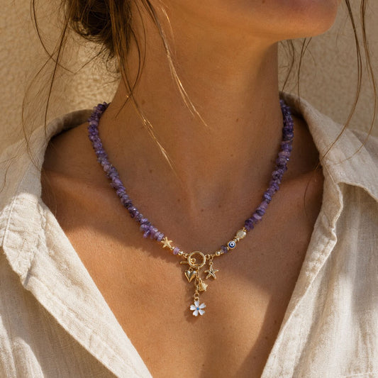 KLY-1067 Mor Ametist Doğal Taş Deniz Charmlı Kolye | Eos Kolektif