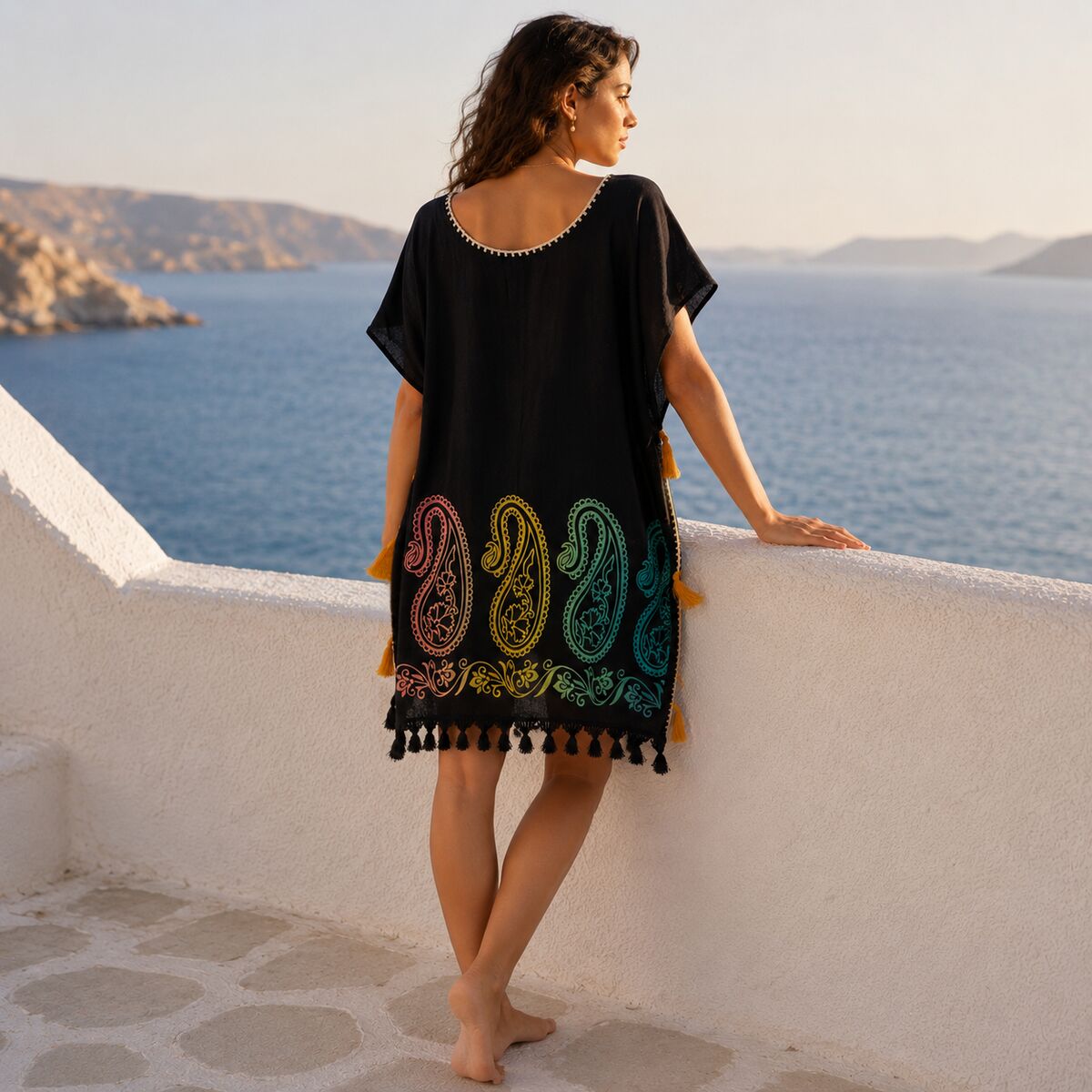 PAR-13035 Siyah Renkli Paisley Desenli Şile Bezi Plaj Elbisesi & Pareo | Eos Kolektif - EOS Kolektif