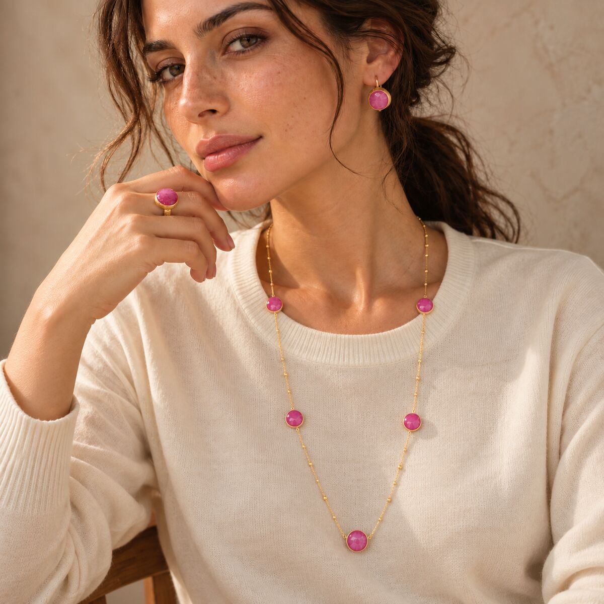 ST-18 Pembe Jade Doğal Taşlı Kolye Küpe Yüzük Üçlü Takı Seti | Eos Kolektif