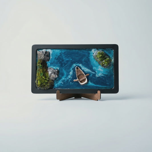 Eos Ocean Serisi - 3D El Yapımı Kil Kayık Detaylı Deniz Tablosu - (28x16 cm)