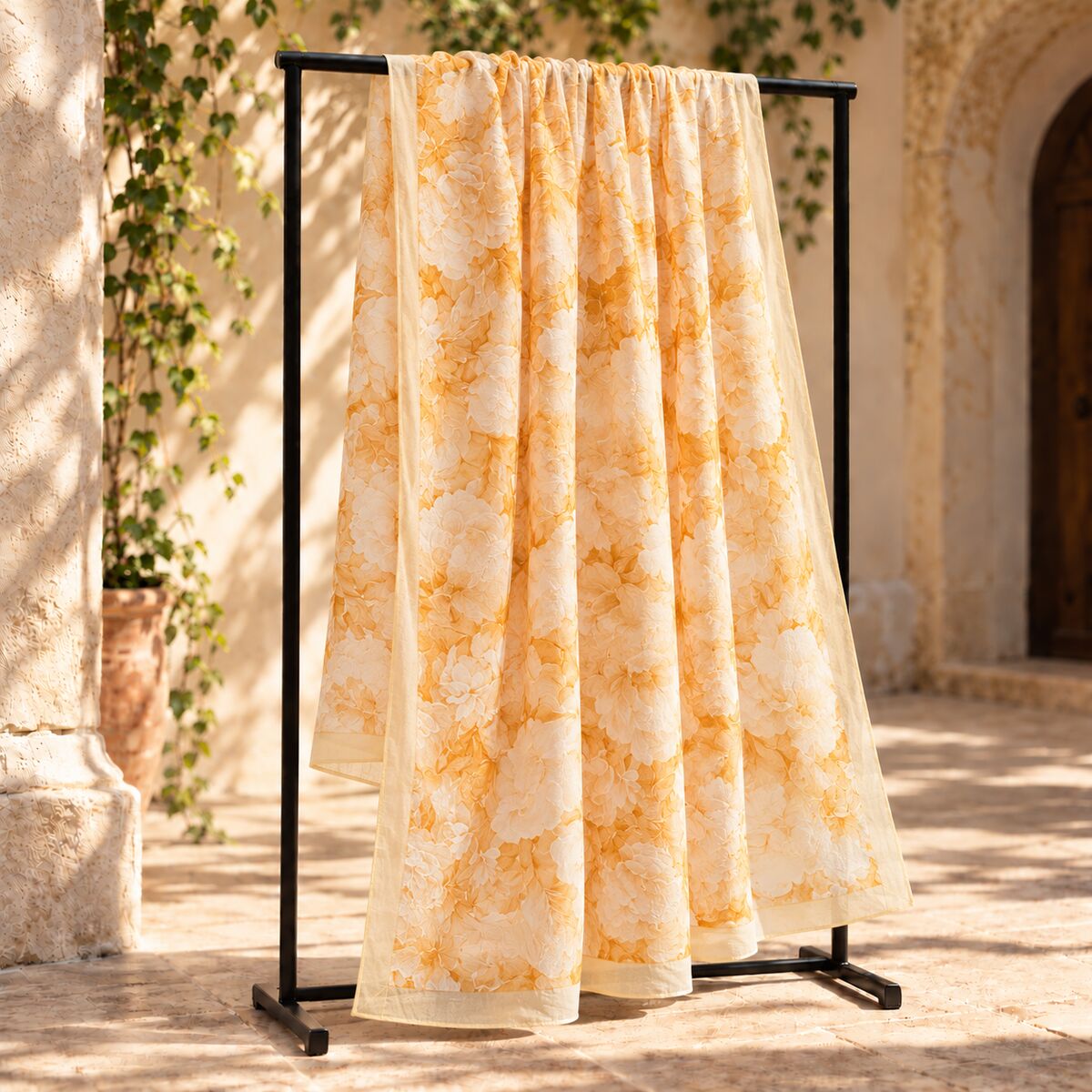 FLR-5024 Sarı Batik Desenli Bambu Uzun Şal