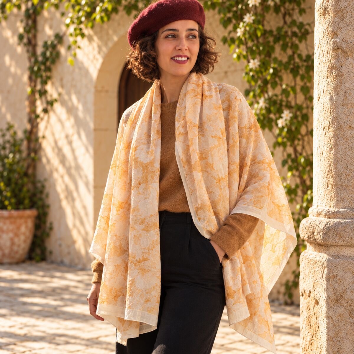 FLR-5024 Sarı Batik Desenli Bambu Uzun Şal