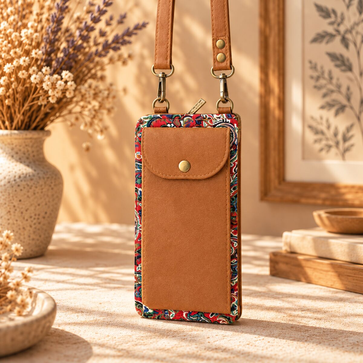 CNT-6050 Taba Kırmızı Paisley Desenli Goblen Cüzdan Telefon Çantası | Eos Kolektif