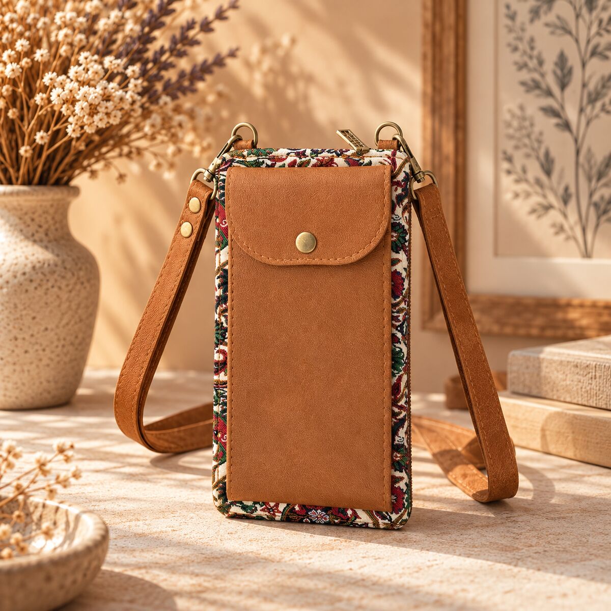 CNT-6047 Taba Ekru Çiçekli Paisley Desenli Goblen Cüzdan Telefon Çantası | Eos Kolektif