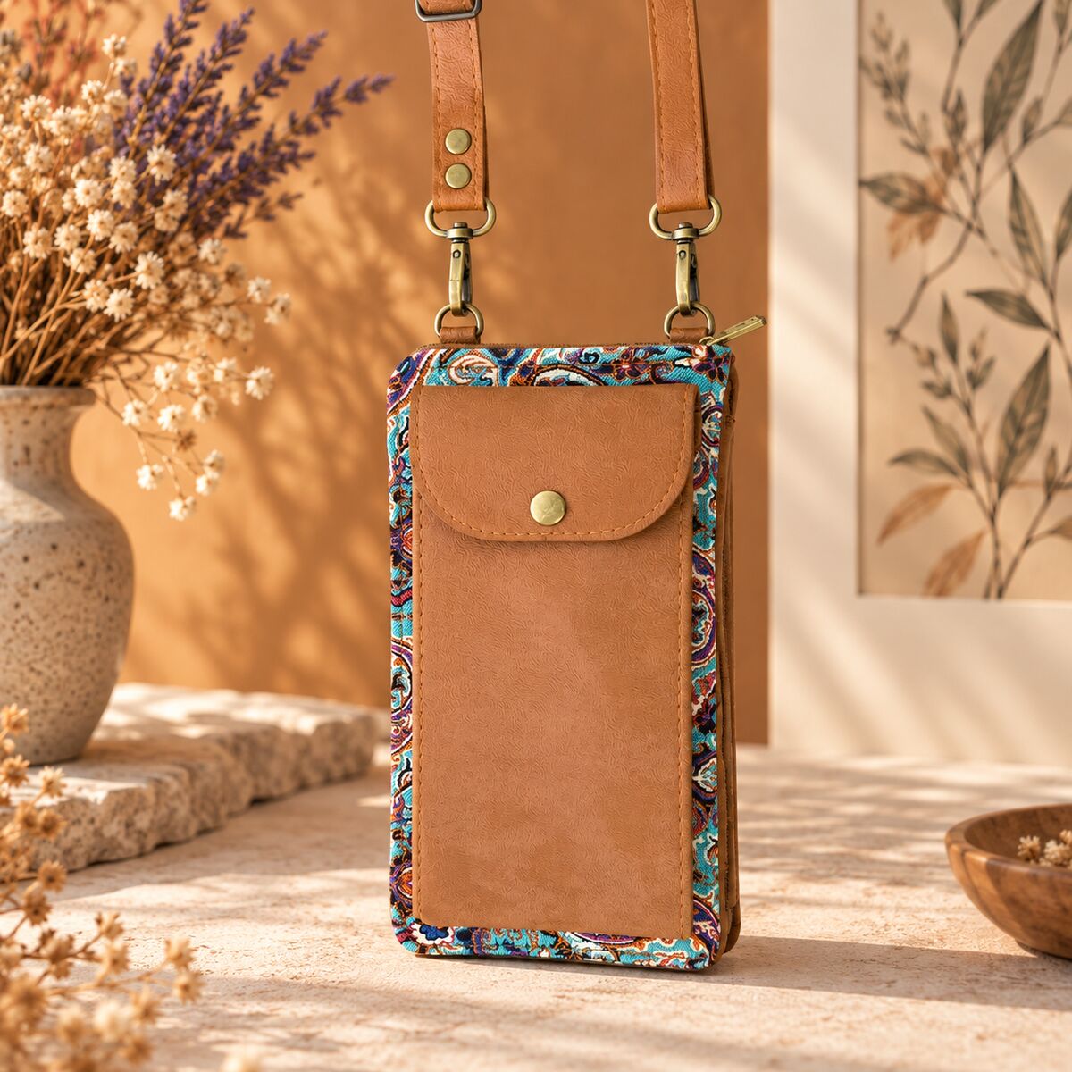 CNT-6048 Taba Turkuaz Paisley Desenli Goblen Cüzdan Telefon Çantası | Eos Kolektif