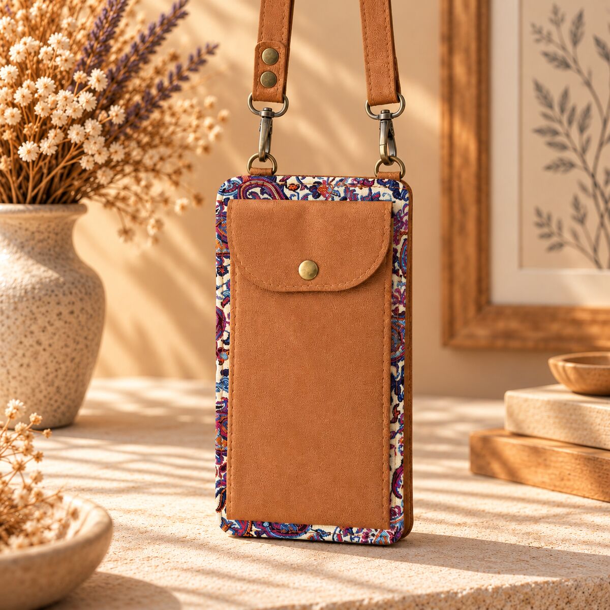 CNT-6049 Taba Krem Lacivert Paisley Desenli Goblen Cüzdan Telefon Çantası | Eos Kolektif