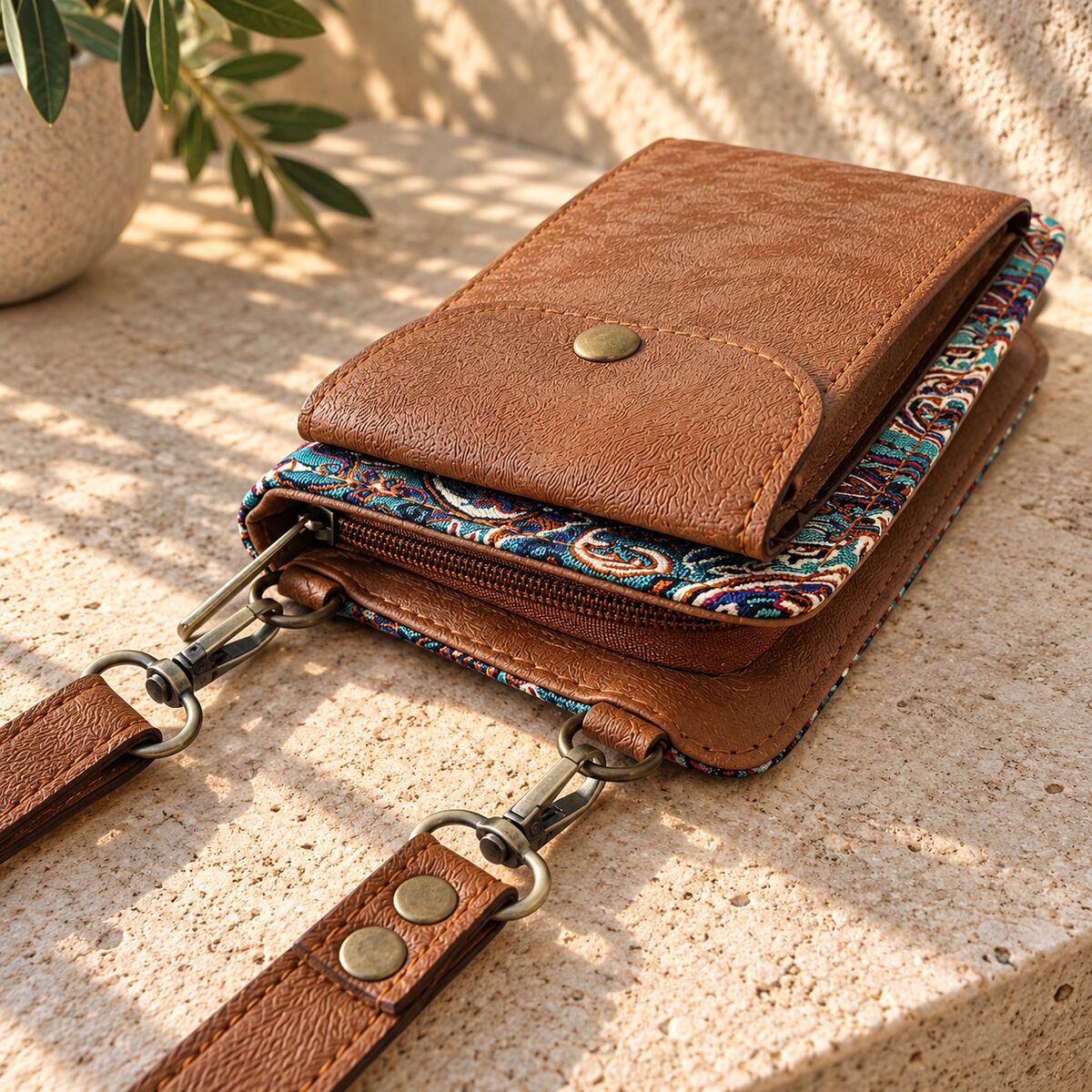 CNT-6048 Taba Turkuaz Paisley Desenli Goblen Cüzdan Telefon Çantası | Eos Kolektif