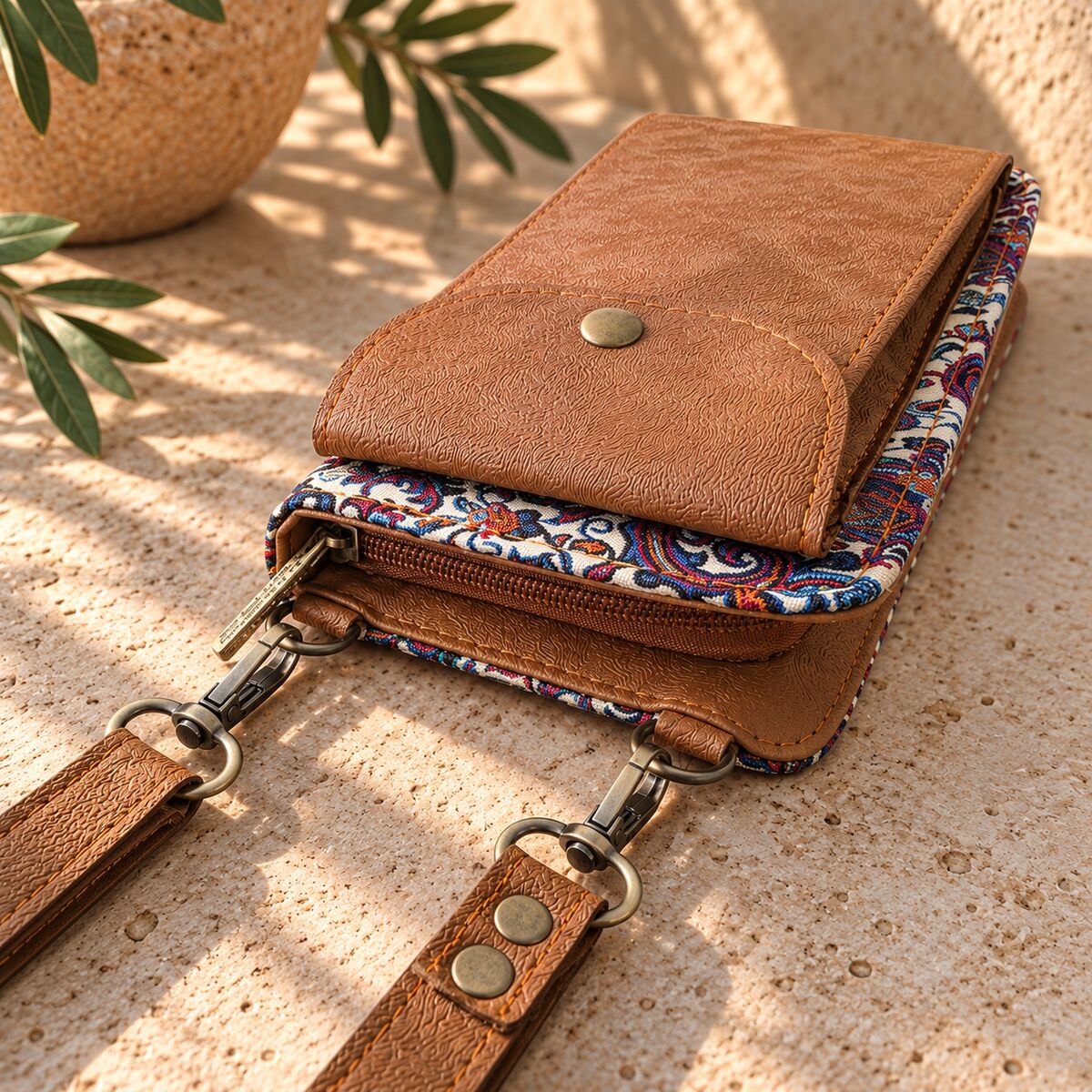 CNT-6049 Taba Krem Lacivert Paisley Desenli Goblen Cüzdan Telefon Çantası | Eos Kolektif