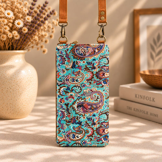 CNT-6048 Taba Turkuaz Paisley Desenli Goblen Cüzdan Telefon Çantası | Eos Kolektif
